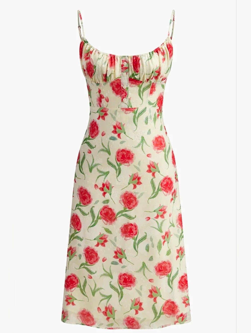 🌹Commense Red Floral Spaghetti-Strap Midi Dress
